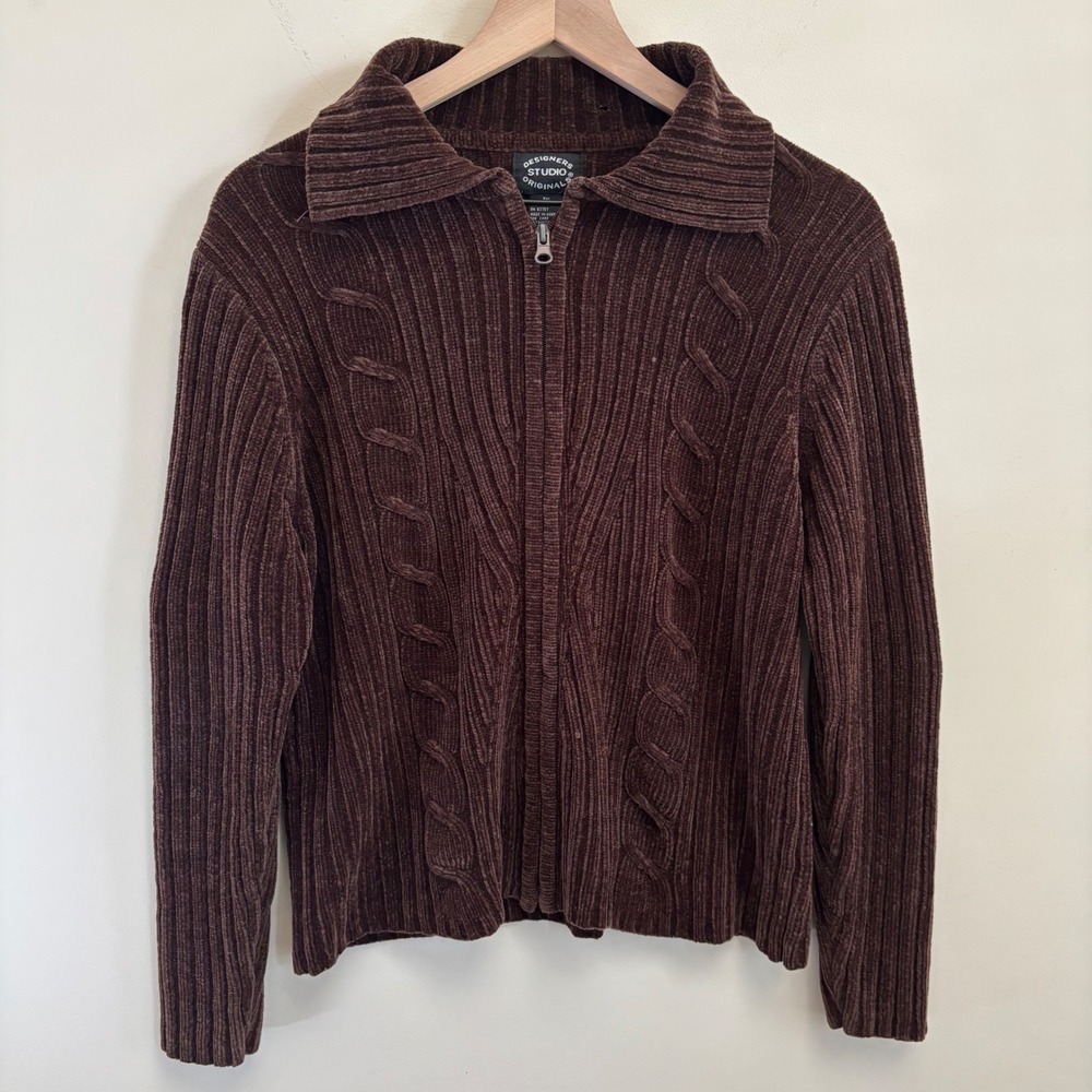 Designers Studio Originals Brown Chenille Cable Knit Zip Up Cardigan PXL Vintage